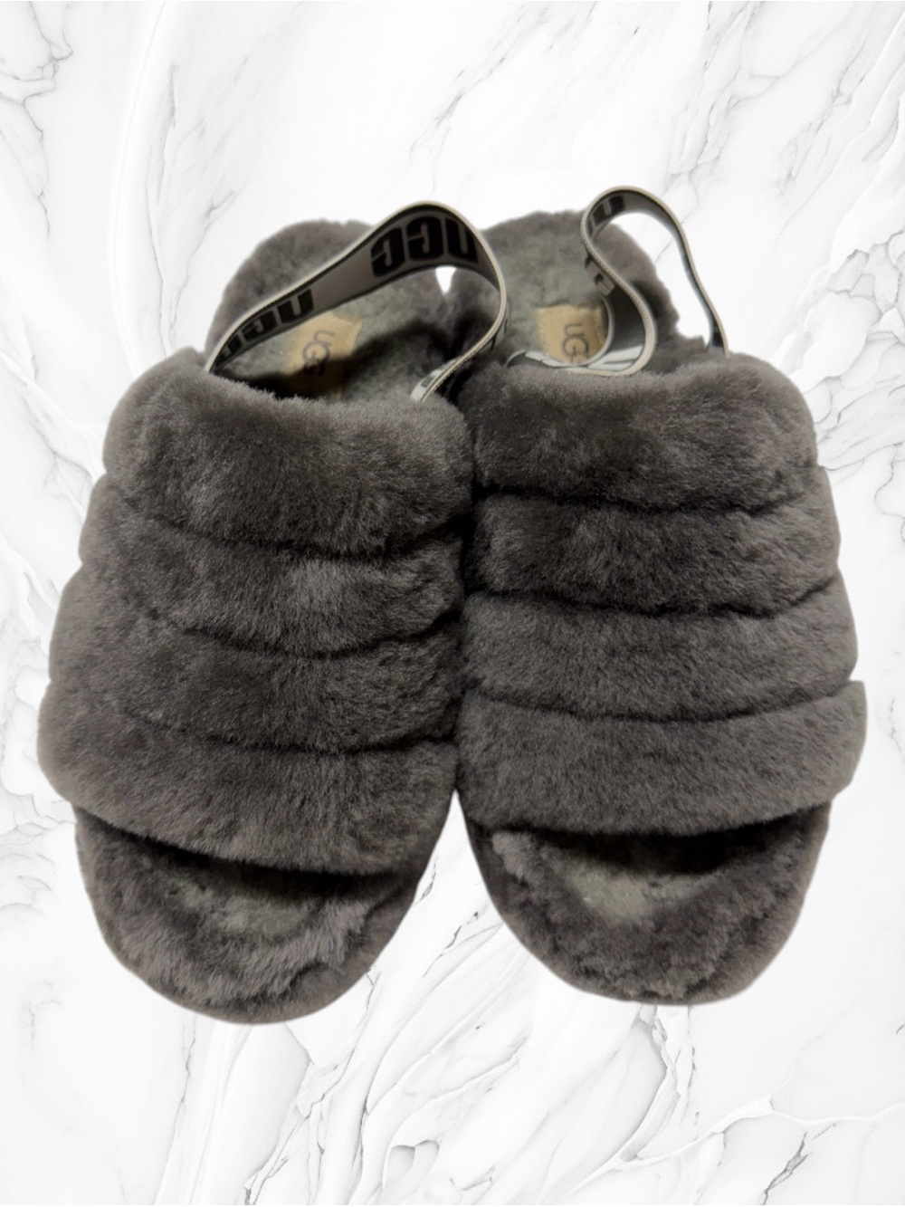 UGG Charcoal Gray Fluff Slide Slippers elastic Slingback size 6
